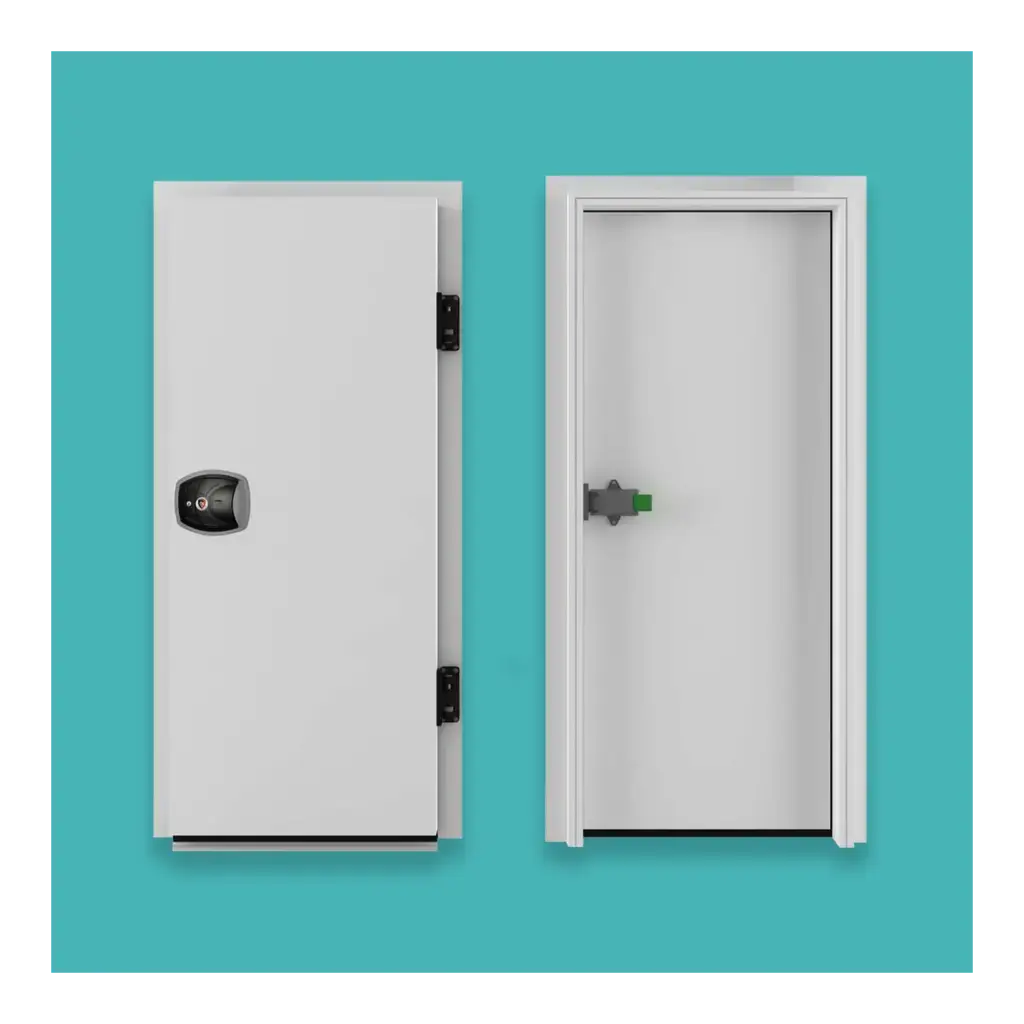 A hinged cold room door providing secure, durable access for energy-efficient commercial refrigeration solutions.